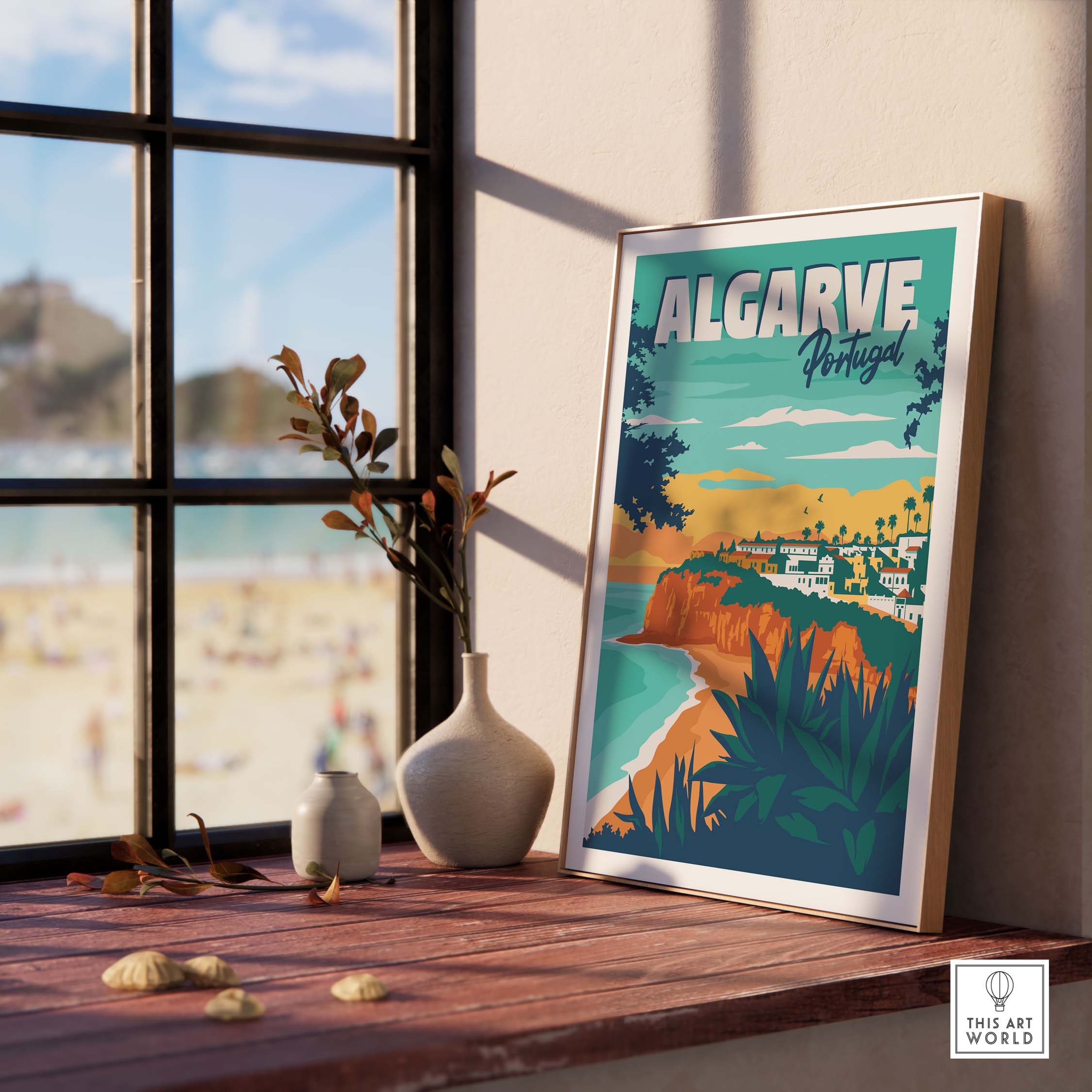 Algarve Poster Portugal displayed in a stylish interior with beach view, showcasing vibrant vintage travel art.