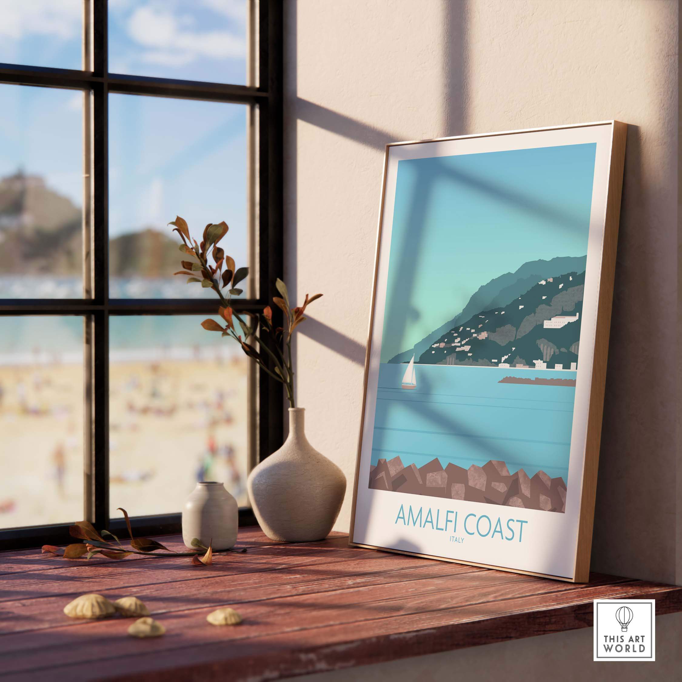 Framed Amalfi Coast print by This Art World, featuring a scenic beach view in a stylish interior setting.