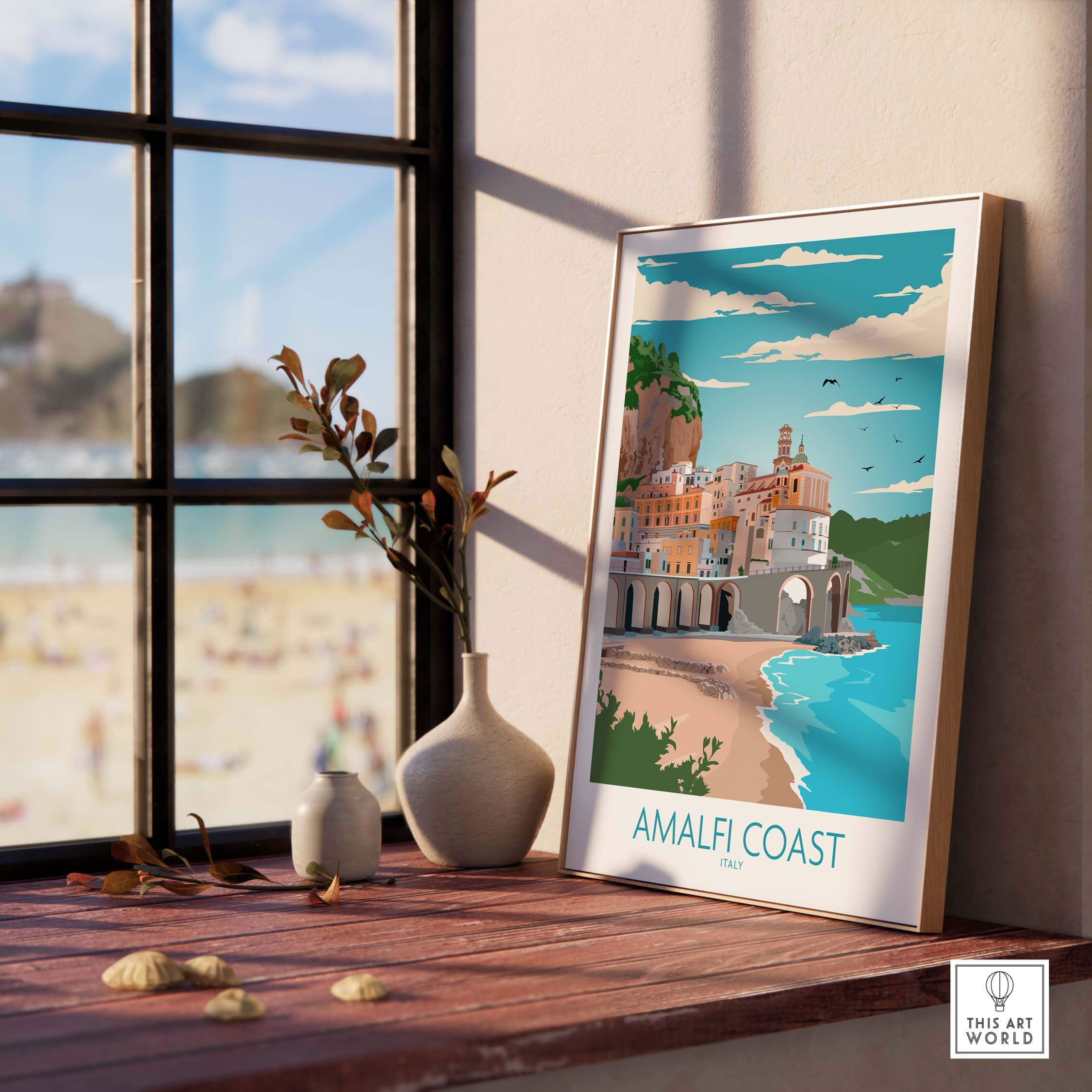 Framed Amalfi Coast poster showcasing vibrant coastal scenery, perfect for stylish home or office decor.