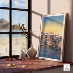 Amsterdam wall art poster print displayed in sunlight by a window, showcasing colorful canal houses.