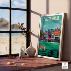 Amsterdam vintage print poster showcasing Dutch canal houses, perfect for stylish home or office wall art.