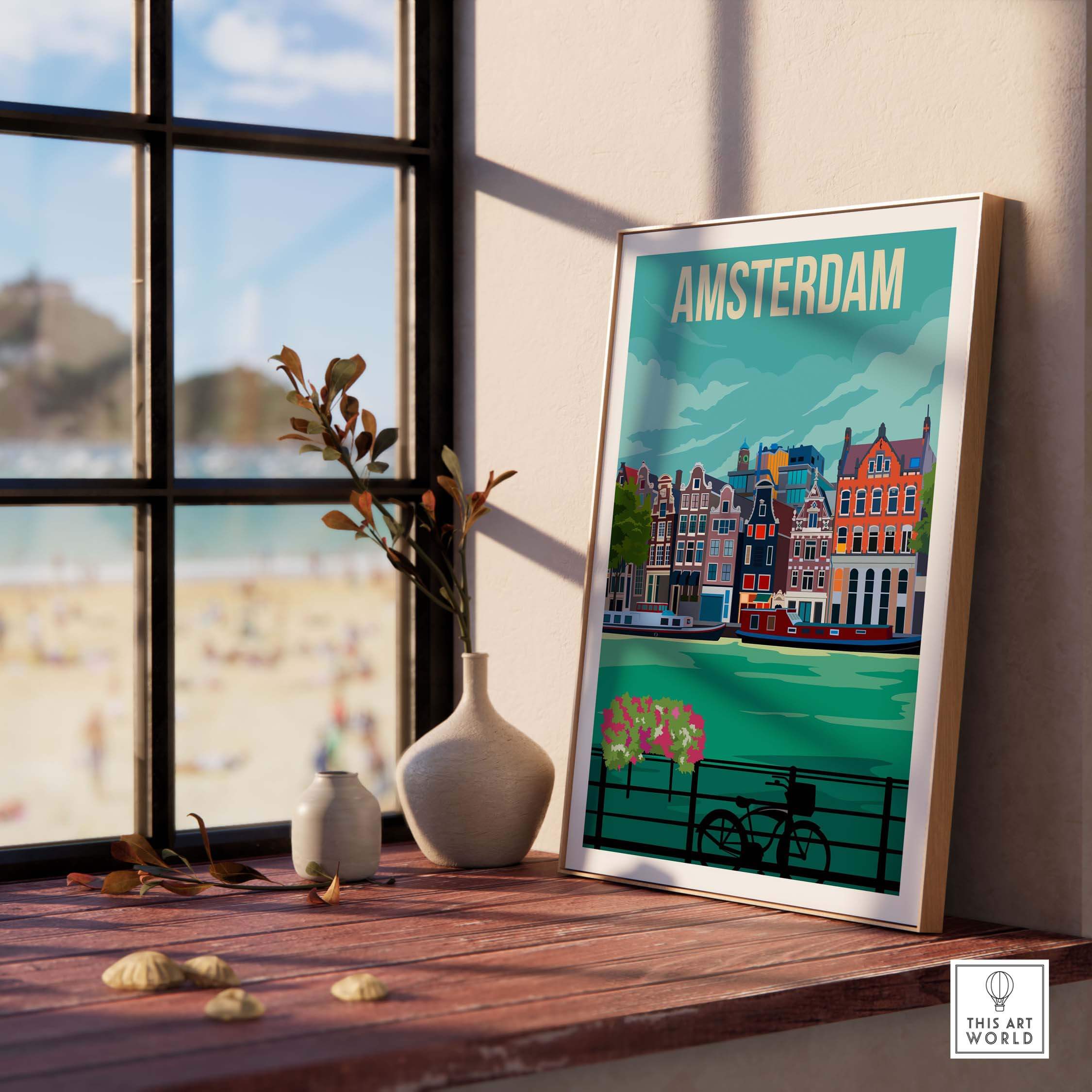 Amsterdam vintage print poster showcasing Dutch canal houses, perfect for stylish home or office wall art.