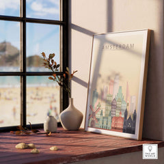 Amsterdam skyline print on a wooden table by a window, showcasing the city's unique architecture in pastel tones.