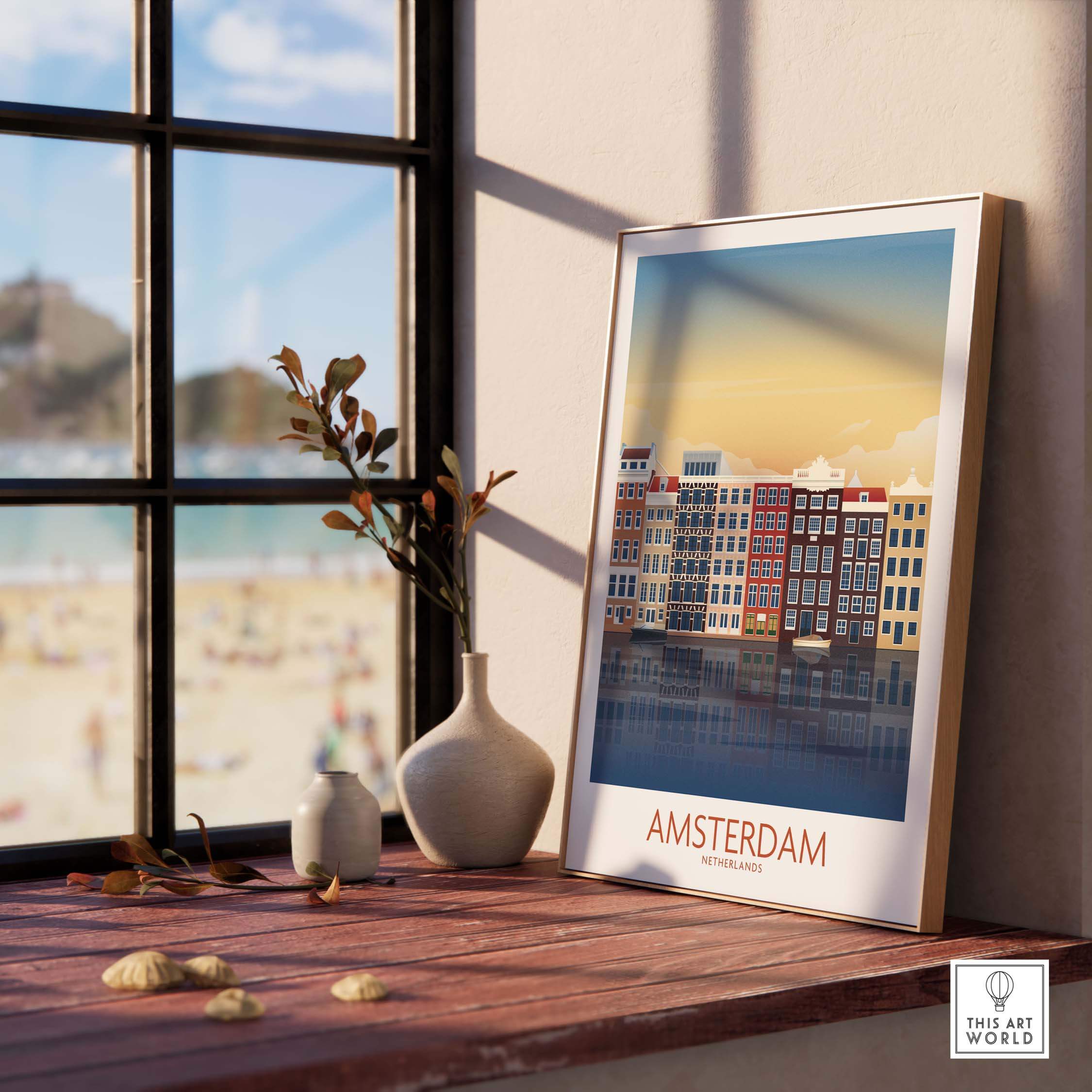 Amsterdam wall art print featuring colorful buildings, inspired by vintage travel posters, displayed in a bright room.