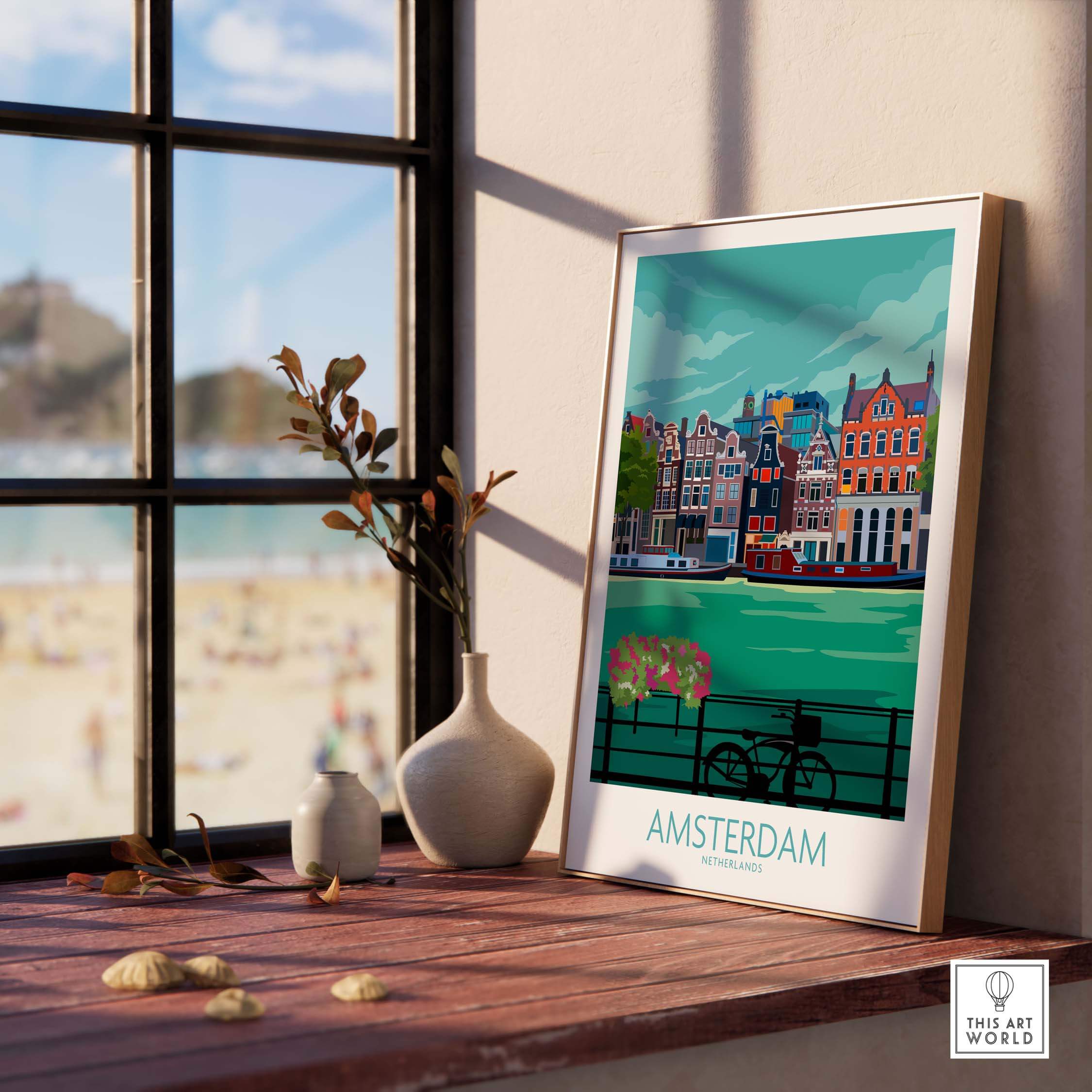 Amsterdam poster print featuring iconic canals and colorful buildings, perfect for home or office decor.