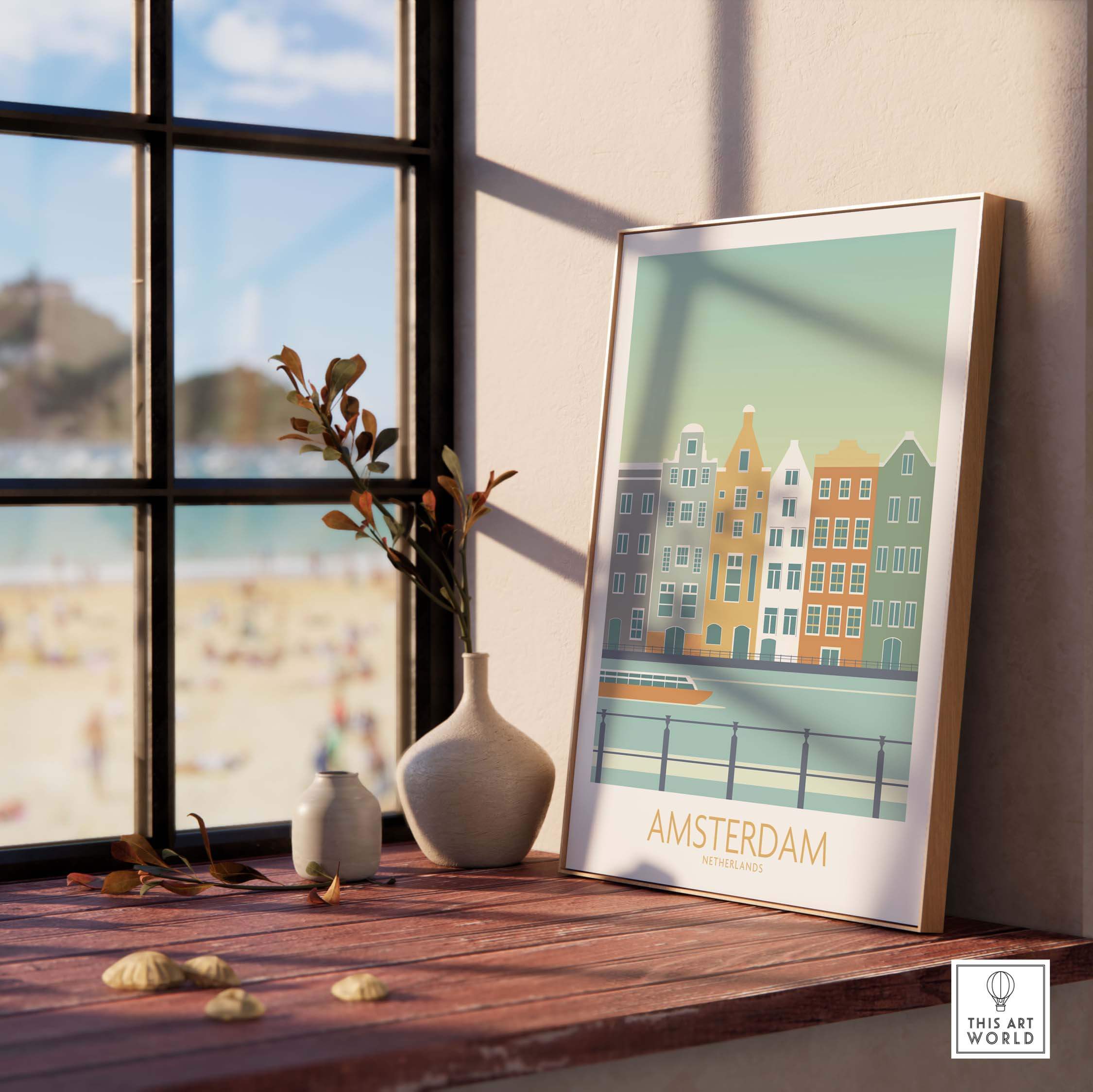 Framed Amsterdam print featuring vintage-inspired buildings near water, showcasing modern wall art for travel lovers.