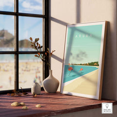 Aruba Wall Art Print featuring flamingos by the beach in a minimalist style, perfect for home or office decor.