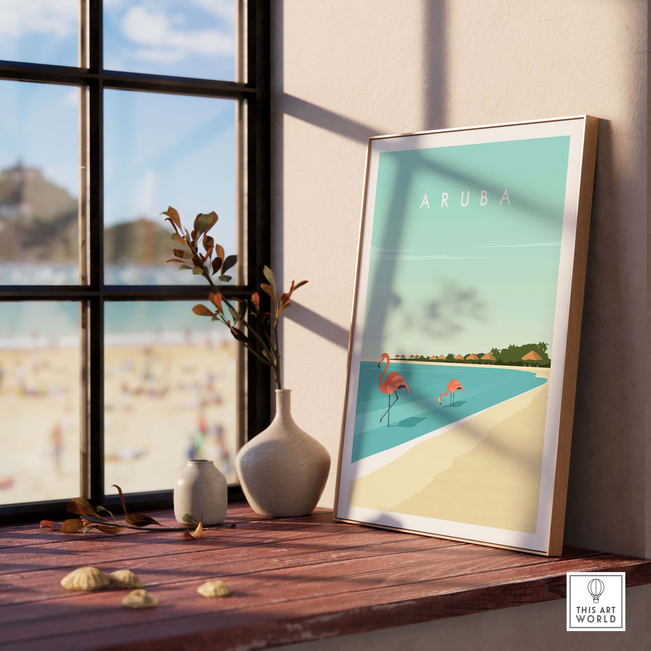 Aruba Wall Art Print featuring flamingos by the beach in a minimalist style, perfect for home or office decor.