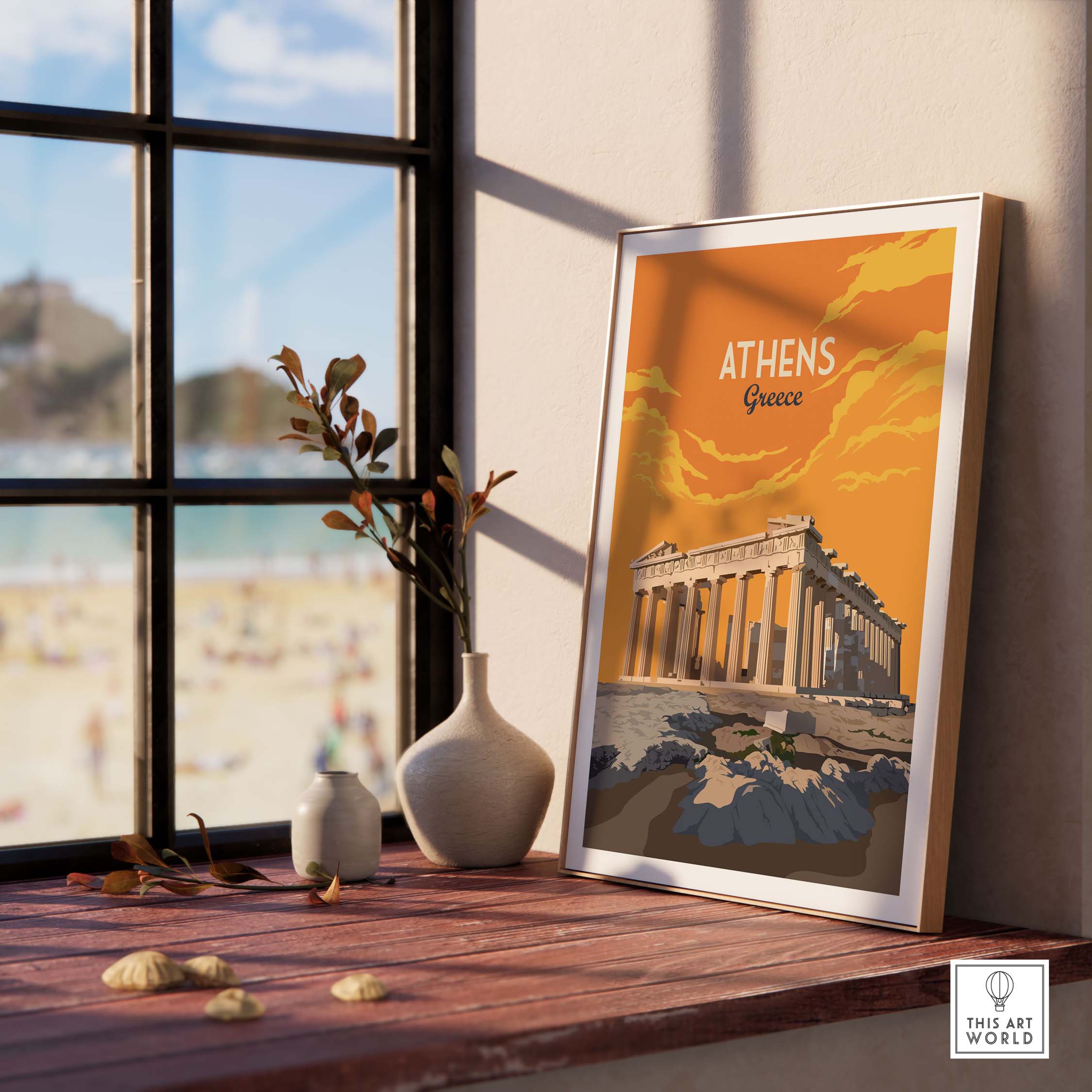 Vintage Athens Print poster featuring the Parthenon, styled for wanderlust and travel decor.