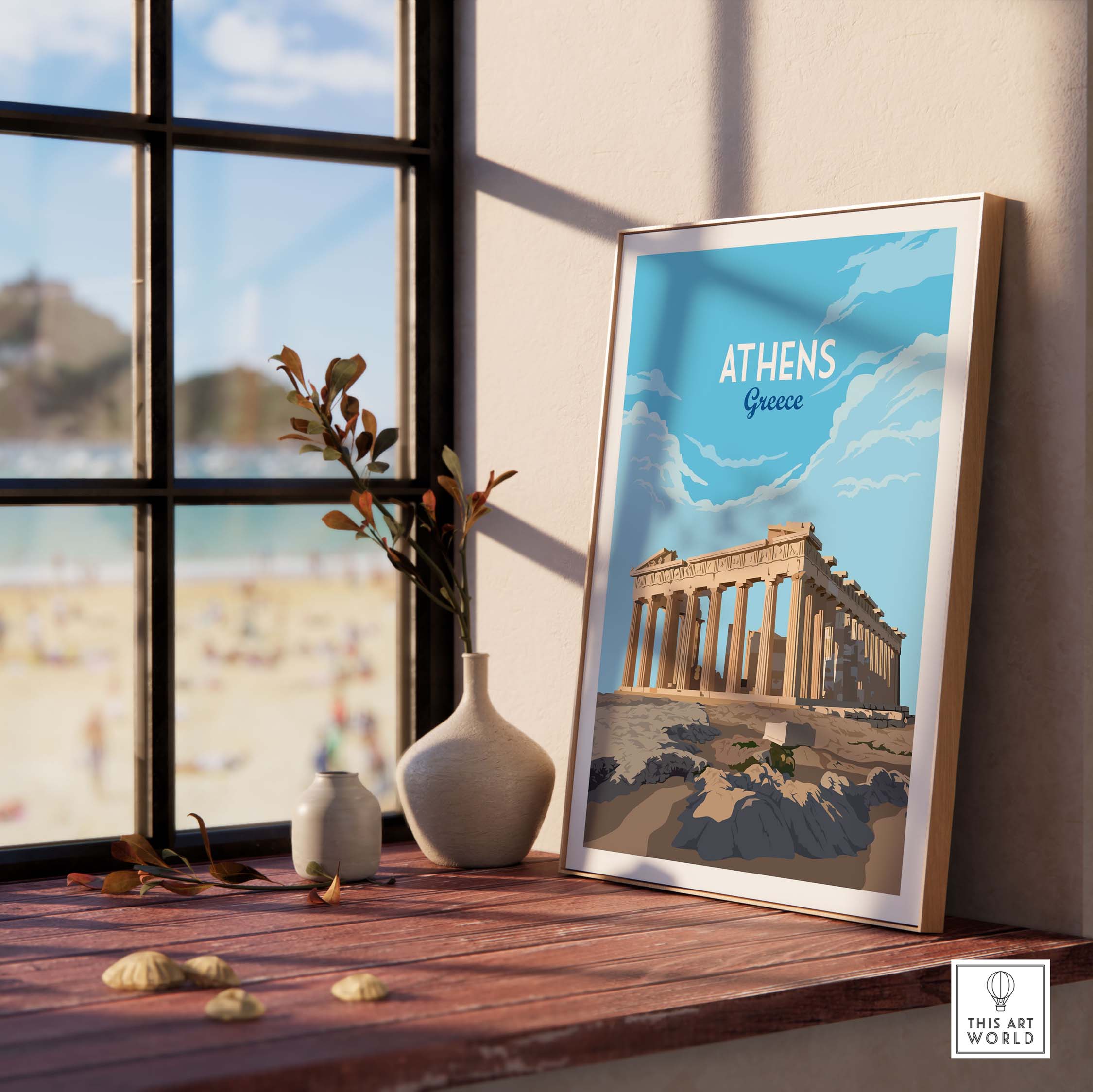 Athens Greece Art Print featuring the Parthenon in a stylish minimalist design on a sunny window sill.