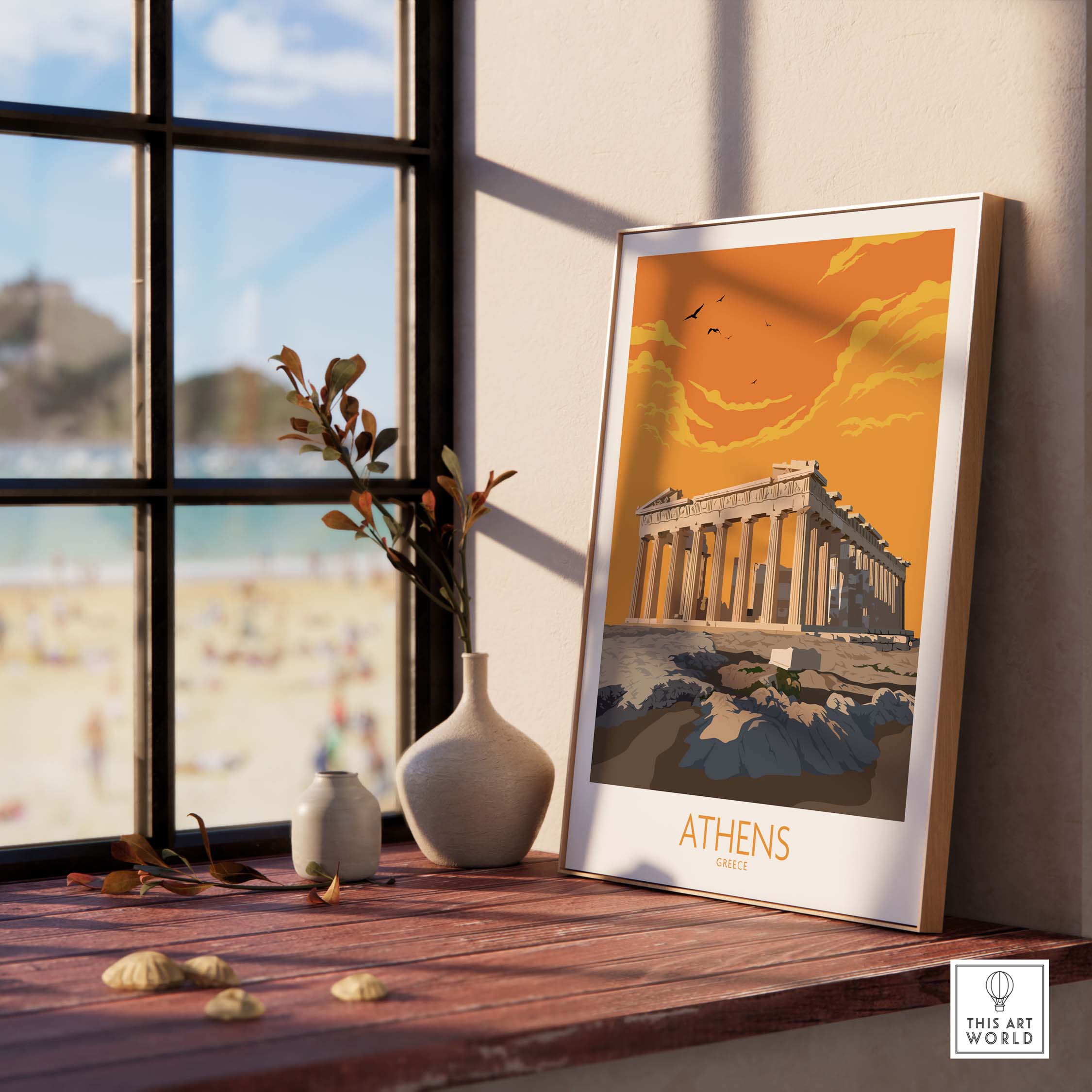 Athens poster featuring the Parthenon, bright orange sunset, displayed in a stylish home setting.