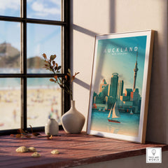 Auckland travel poster print displayed by a window, featuring a minimalist design of the skyline and sailboat.