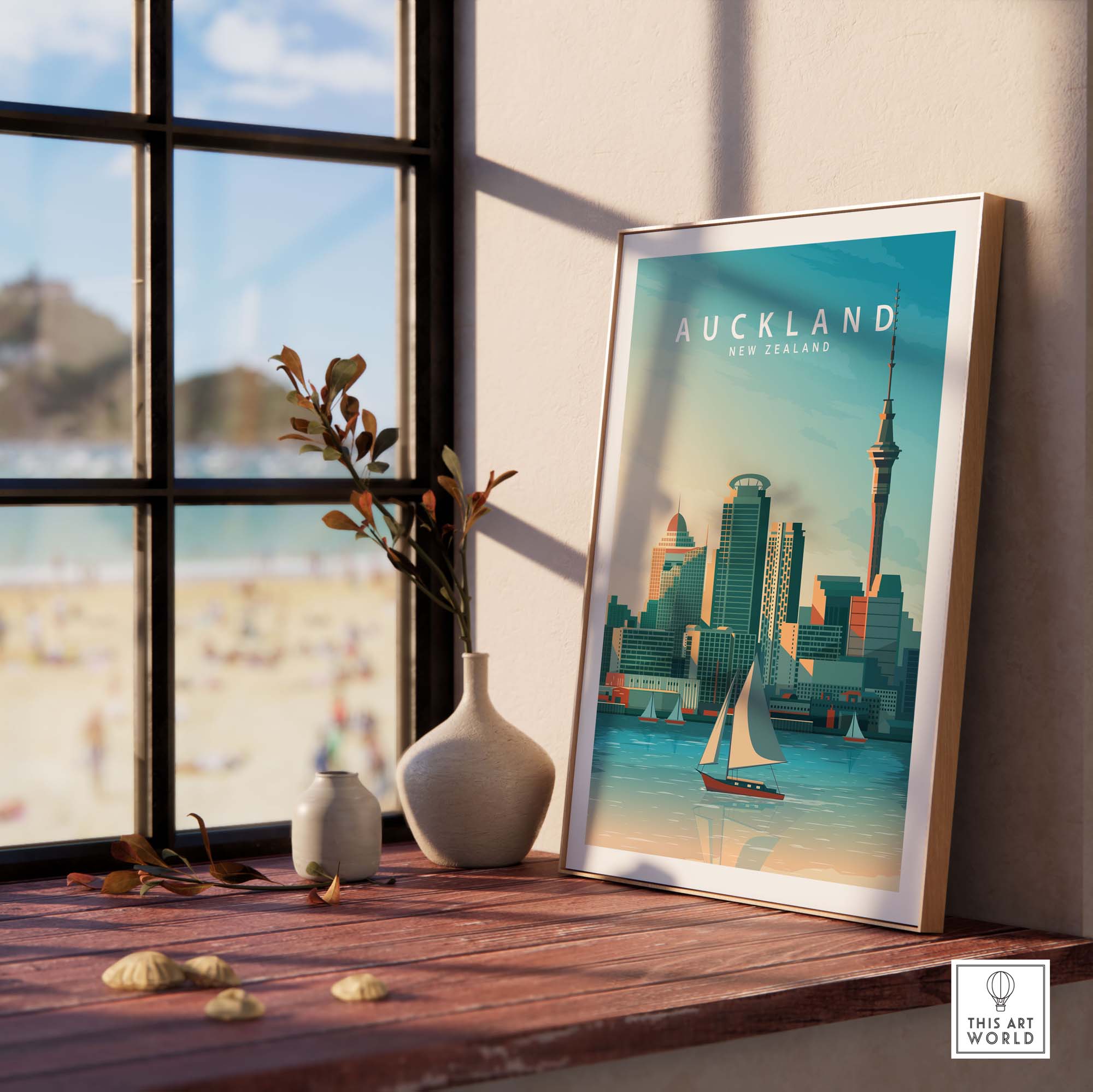 Auckland travel poster print displayed by a window, featuring a minimalist design of the skyline and sailboat.