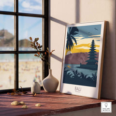 Framed Bali travel poster showcasing tropical scenery and a temple, perfect for home or office decor.
