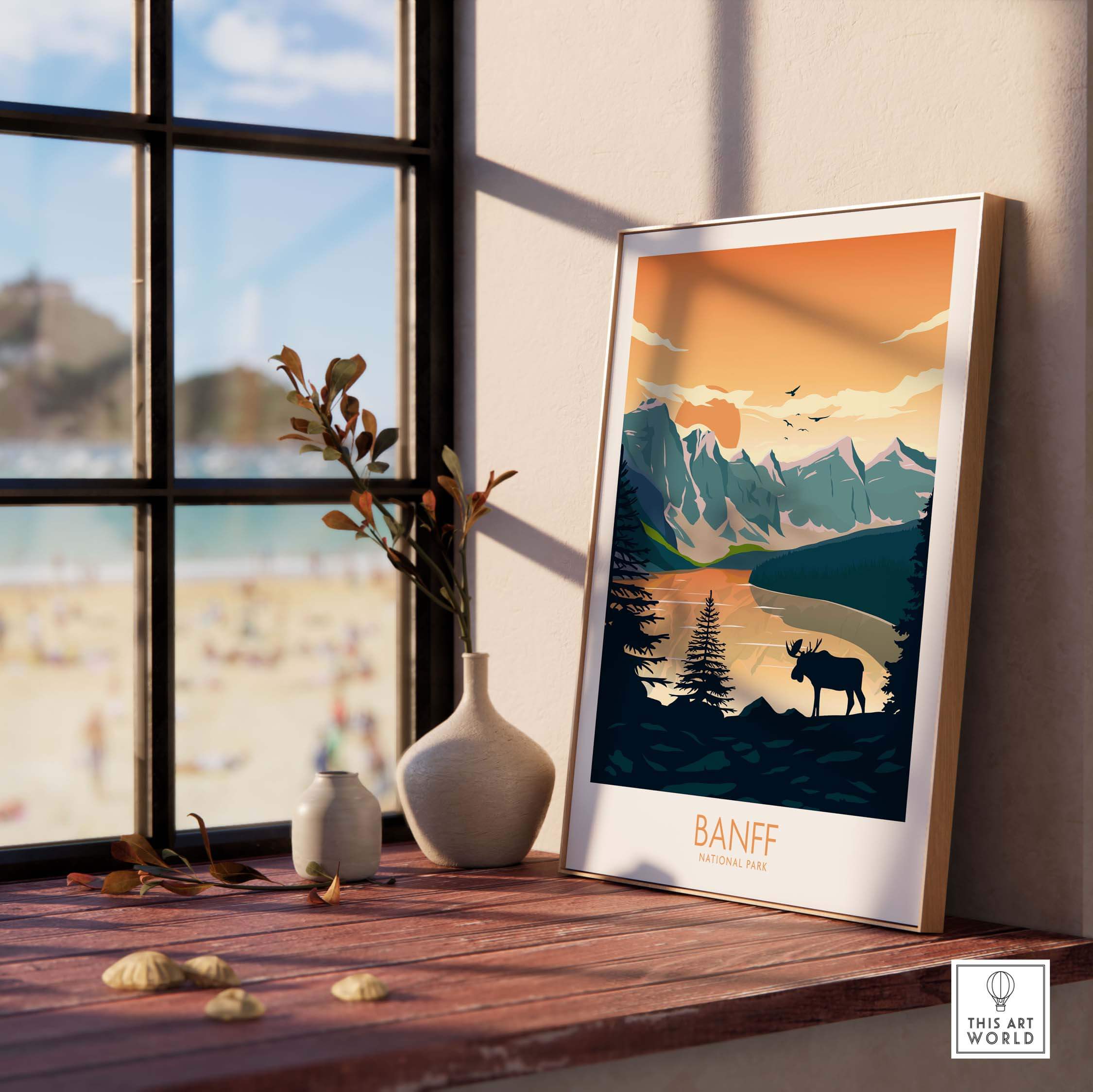 Banff National Park Poster art print displayed in a sunny interior with mountains and nature theme.