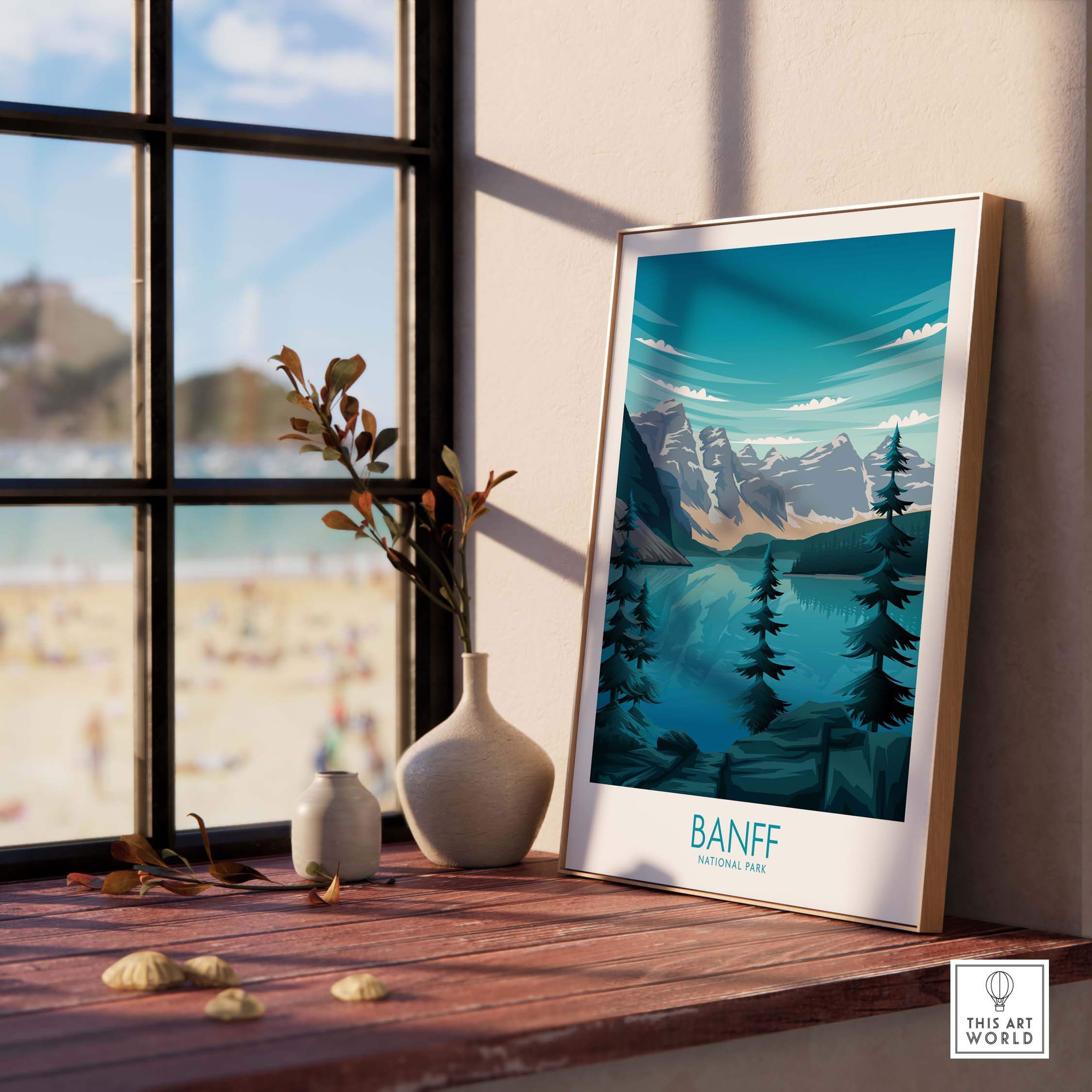 Banff National Park print displayed in a stylish interior, showcasing nature and minimalist design.