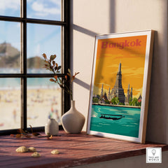 Vintage Bangkok Print Poster displaying iconic landmarks and a boat, perfect for travel-inspired wall art.