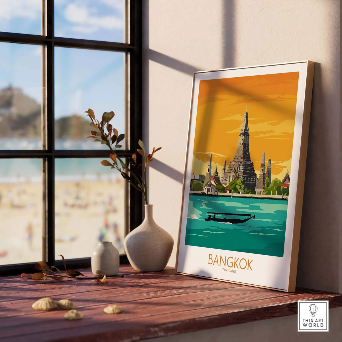 Bangkok travel poster featuring iconic architecture and vibrant colors, enhancing home decor with a vintage aesthetic.