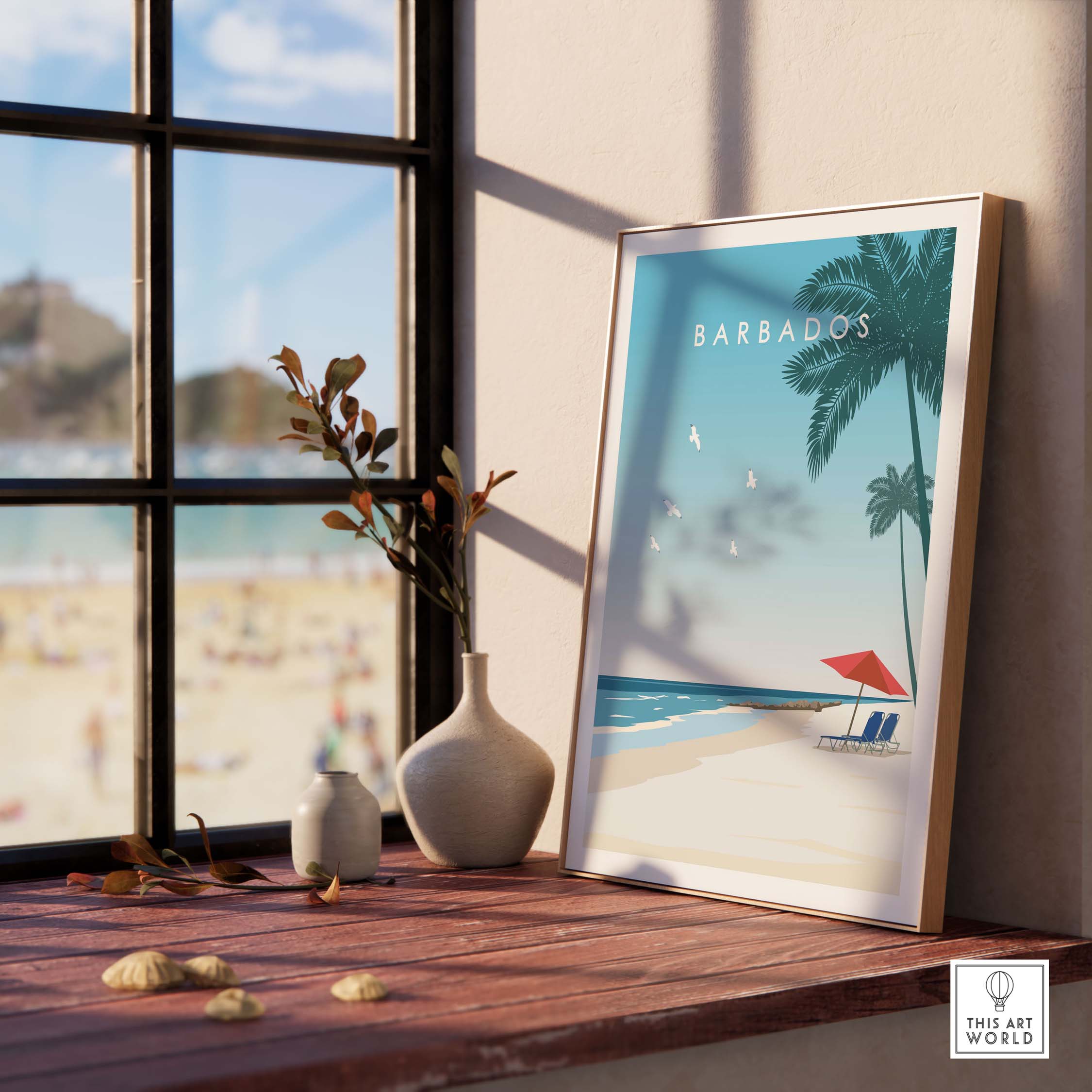 Barbados vintage travel poster framed on a windowsill, capturing Caribbean wanderlust and tropical vibes.