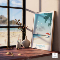 Barbados Print travel poster framed in a sunlit room, evoking wanderlust and vintage beach vibes.