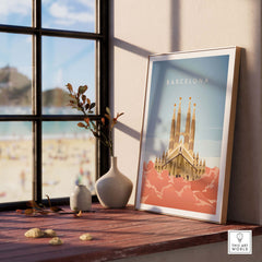 Barcelona wall art poster print displayed in a sunlit room with a beach view, showcasing vintage travel design.