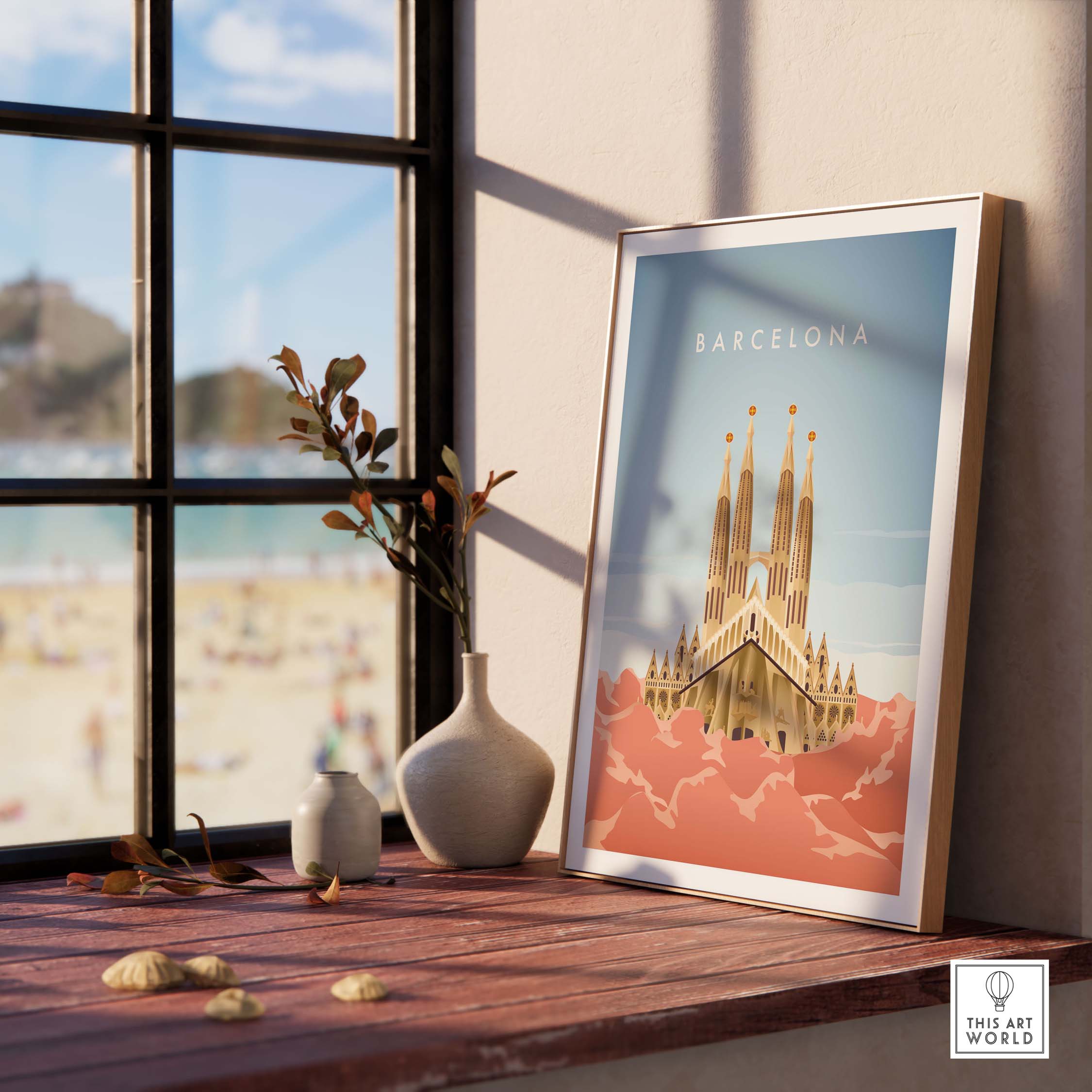 Barcelona wall art poster print displayed in a sunlit room with a beach view, showcasing vintage travel design.