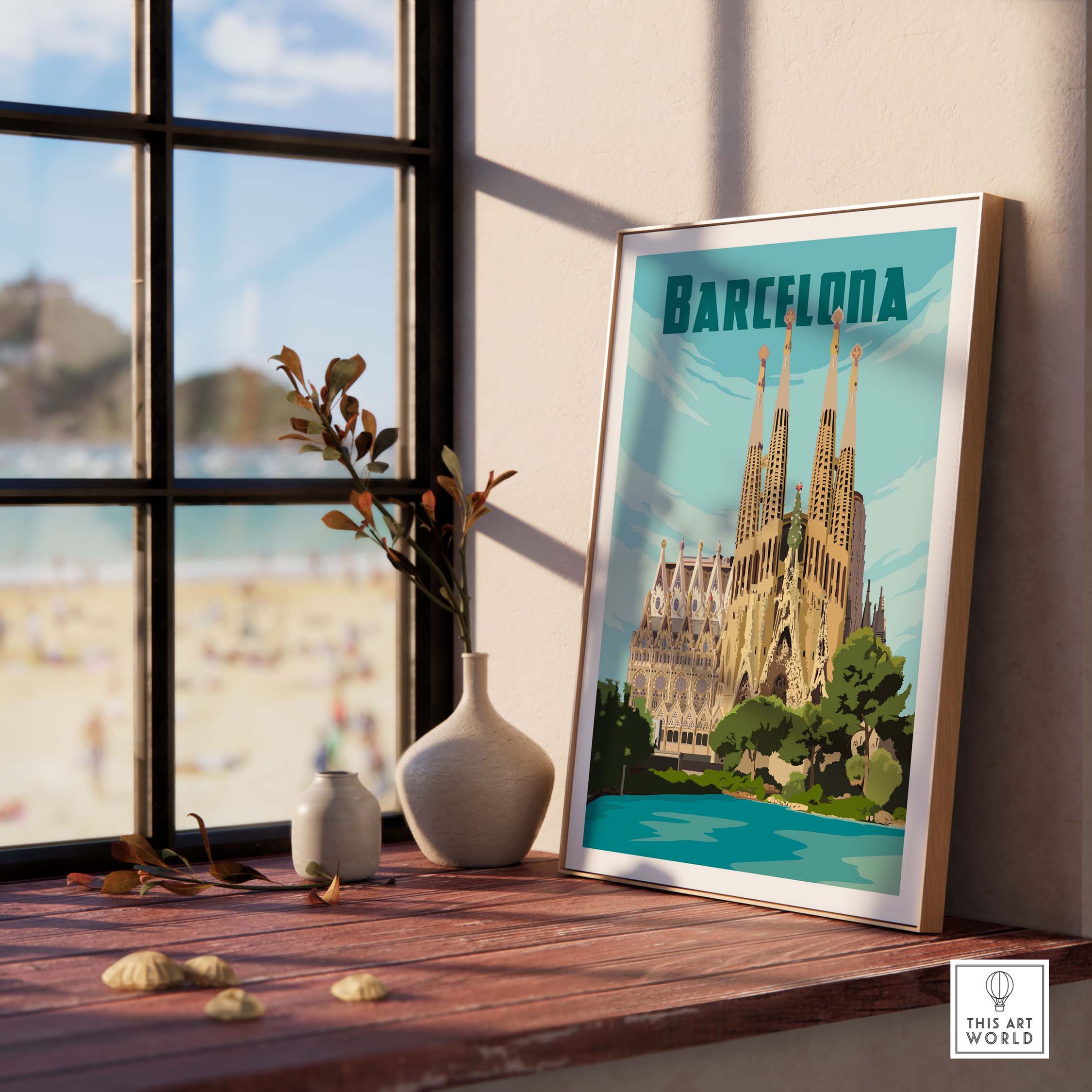 Vintage Barcelona print poster featuring Sagrada Familia, framed by a sunny window in a stylish interior setting.