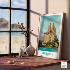 Barcelona poster featuring Sagrada Familia wall art, displayed in a bright room with natural light.