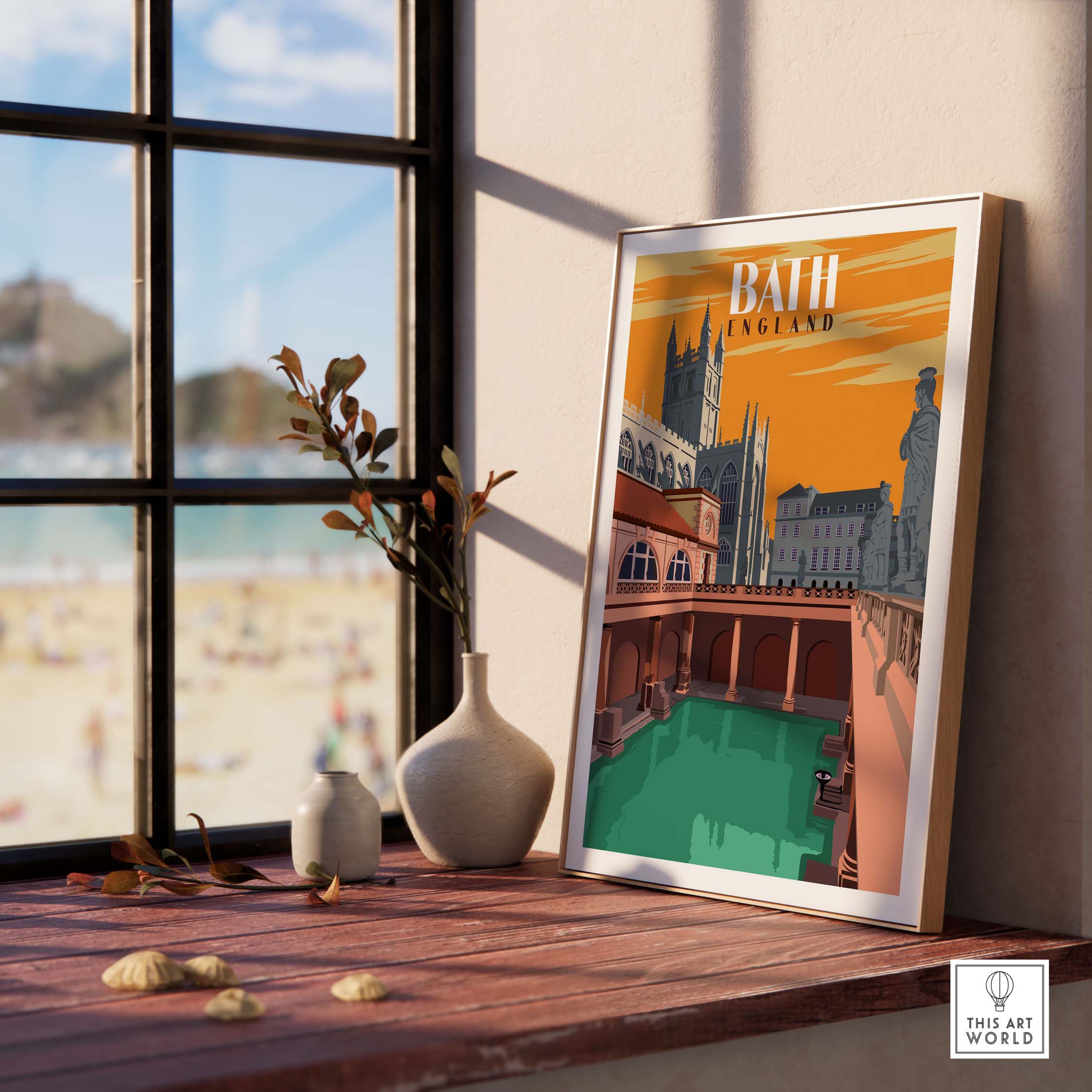 Framed Bath England print wall art showcasing vintage travel aesthetic near a window.