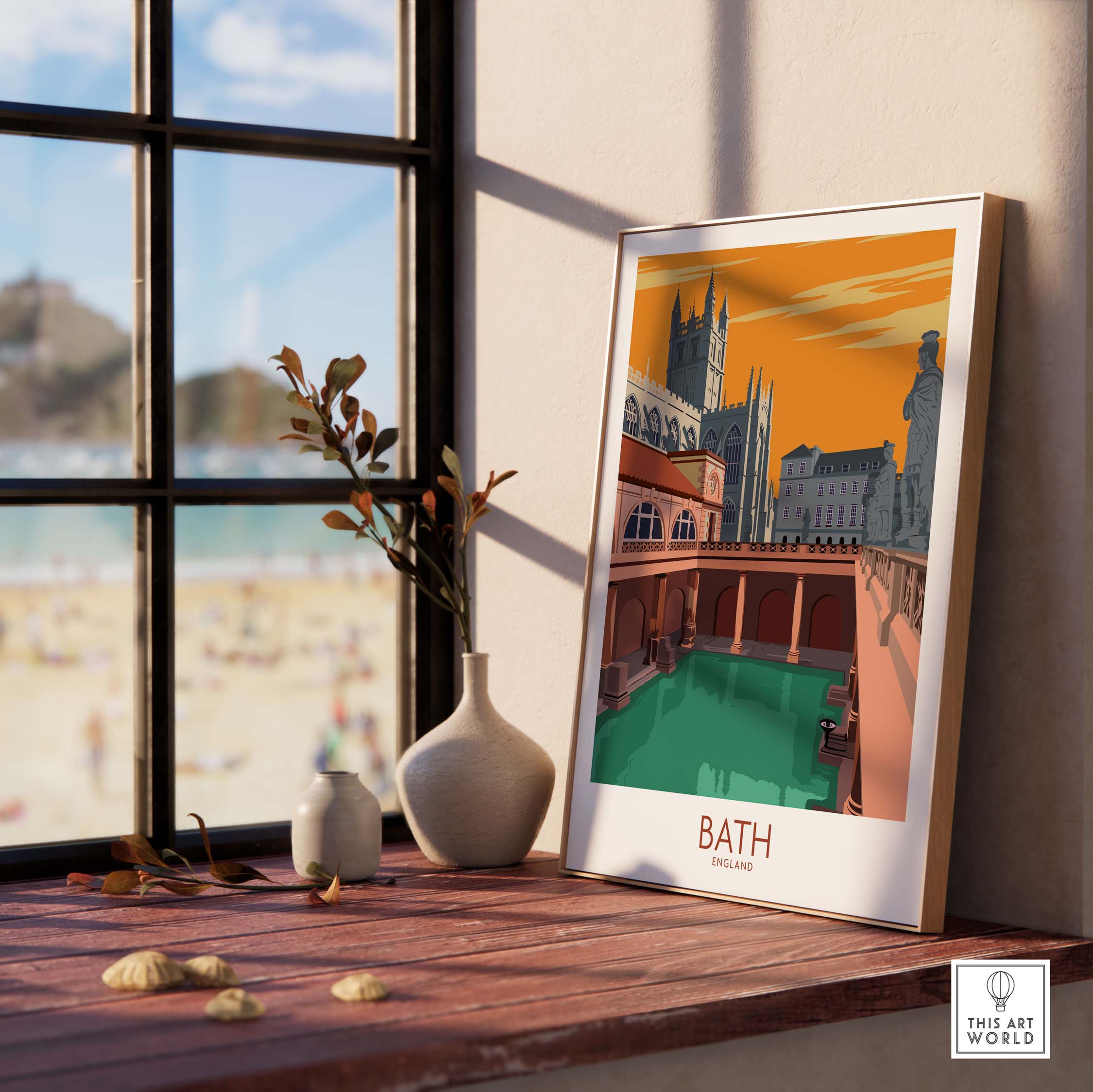 Bath England travel poster print displayed in a stylish home setting with window view.