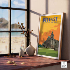 Belfast Print Northern Ireland displayed in a stylish home setting, showcasing a vintage travel poster.