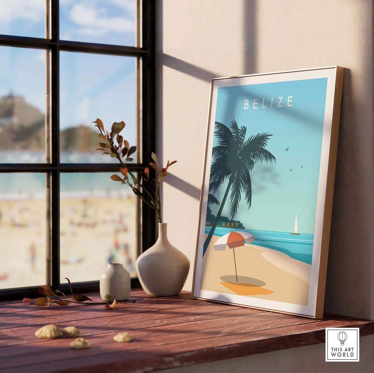 Belize Print travel poster featuring palm trees and beach, stylish wall art for home or office decor.