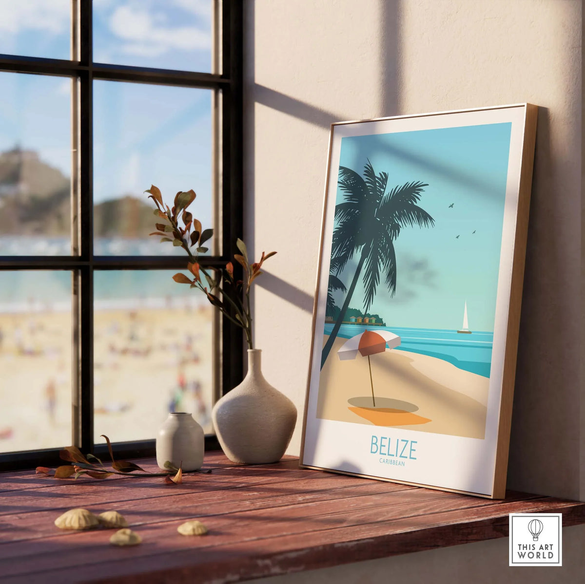 Belize travel poster featuring a beach scene with palm trees, captured in a stylish interior setting.