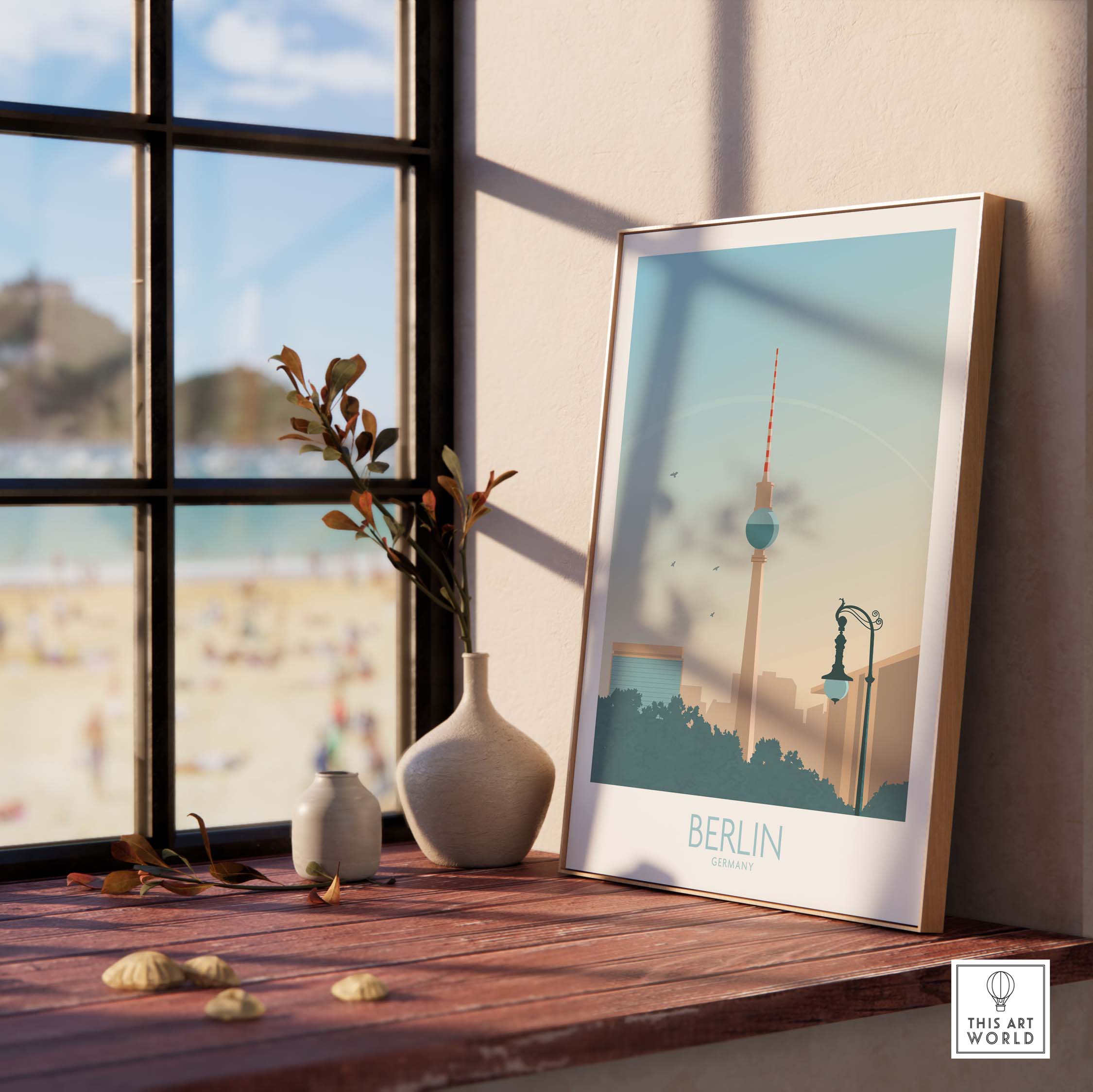 Stylish Berlin poster print on a wooden table, featuring iconic landmarks, perfect for home decor and travel enthusiasts.