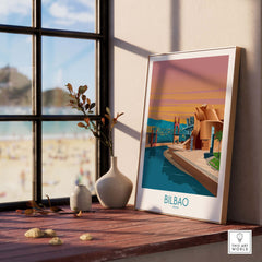 Bilbao poster print displayed in a modern interior, showcasing vibrant colors and minimalist design inspired by Spain.