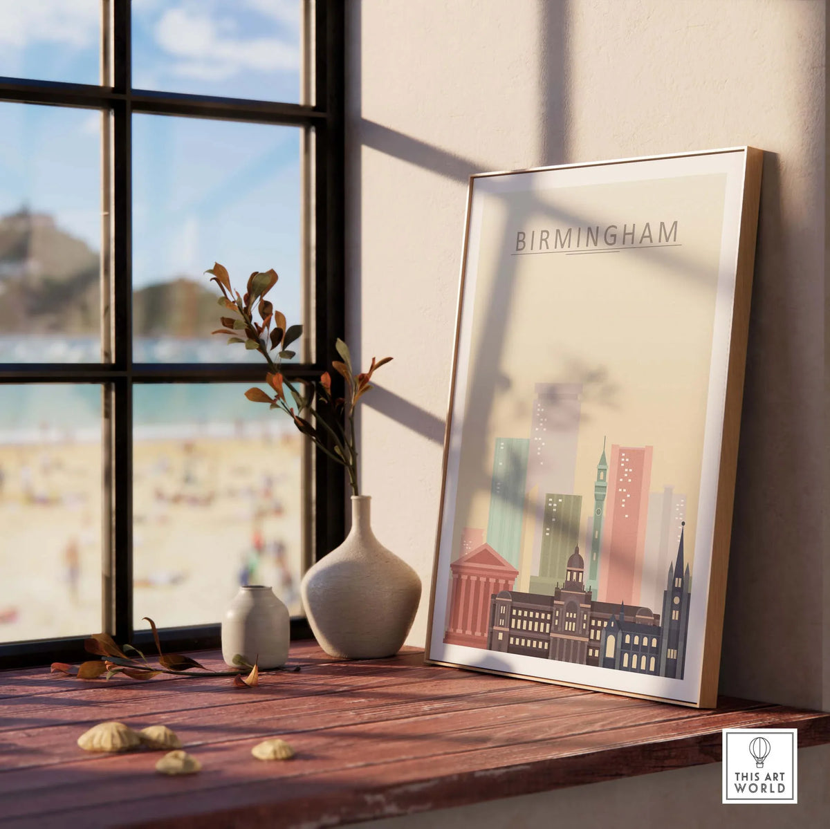 Birmingham Skyline Print in a stylish frame, showcasing iconic city architecture in warm pastel tones.