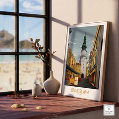 Bratislava art print displayed in a stylish frame, showcasing vintage travel poster aesthetics for home decor.