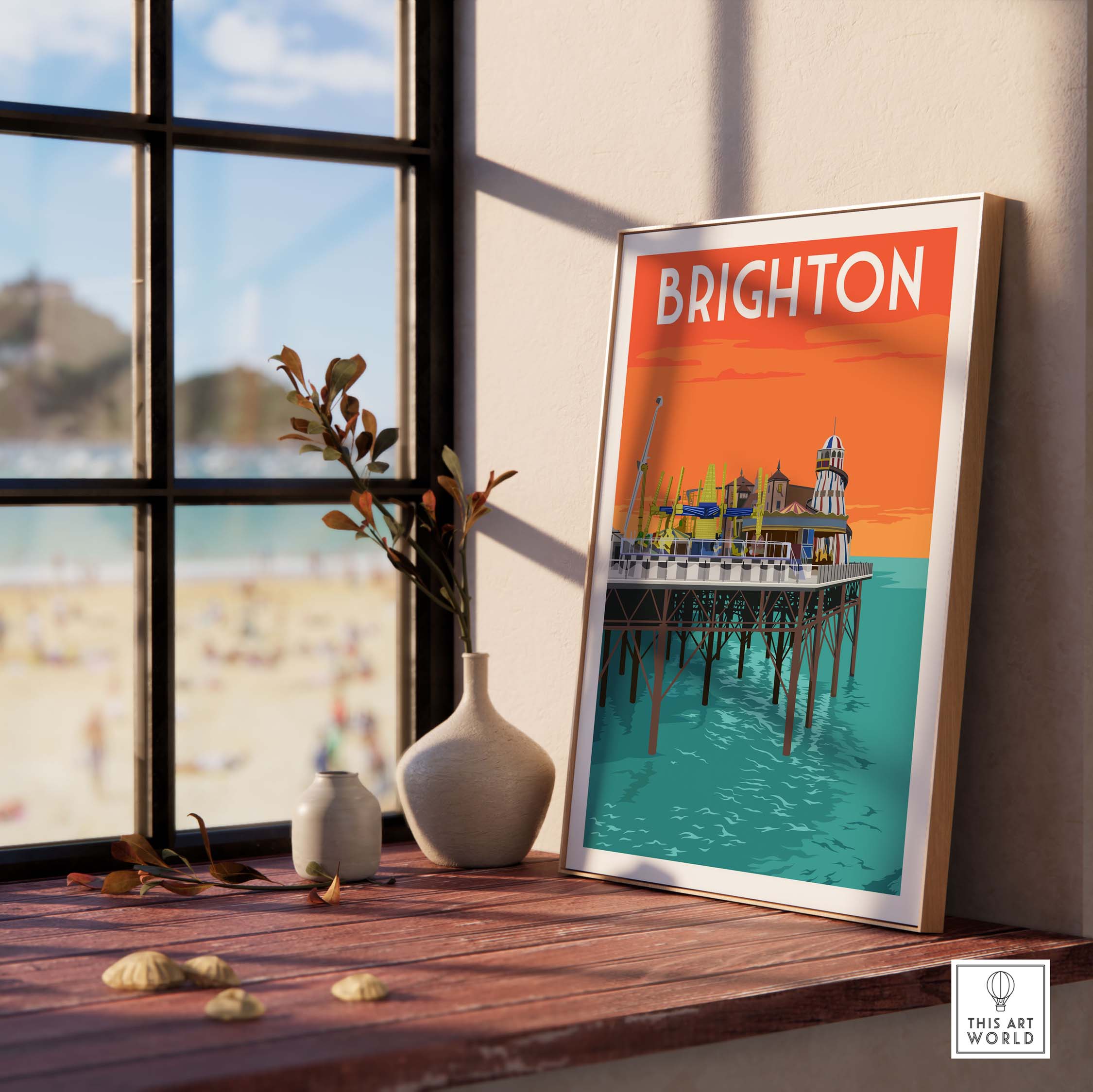 Brighton vintage print poster art framed on a windowsill, capturing the essence of Brighton Pier and summer vibes.