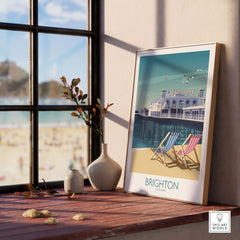 Brighton Print featuring Brighton Pier, a minimalist vintage travel poster, displayed in a sunlit room.
