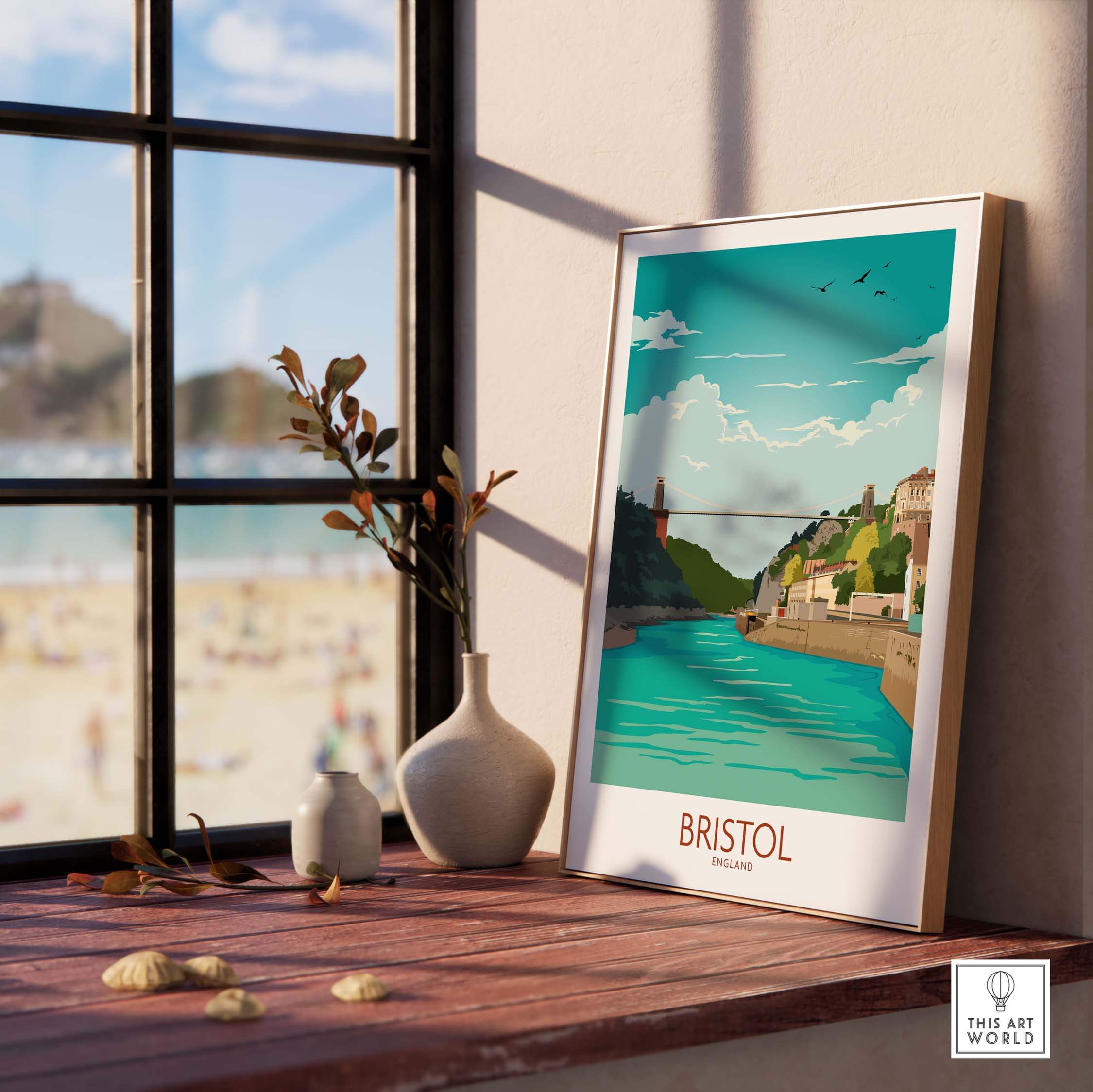 Bristol travel poster featuring Clifton Suspension Bridge and serene river view in a stylish frame.