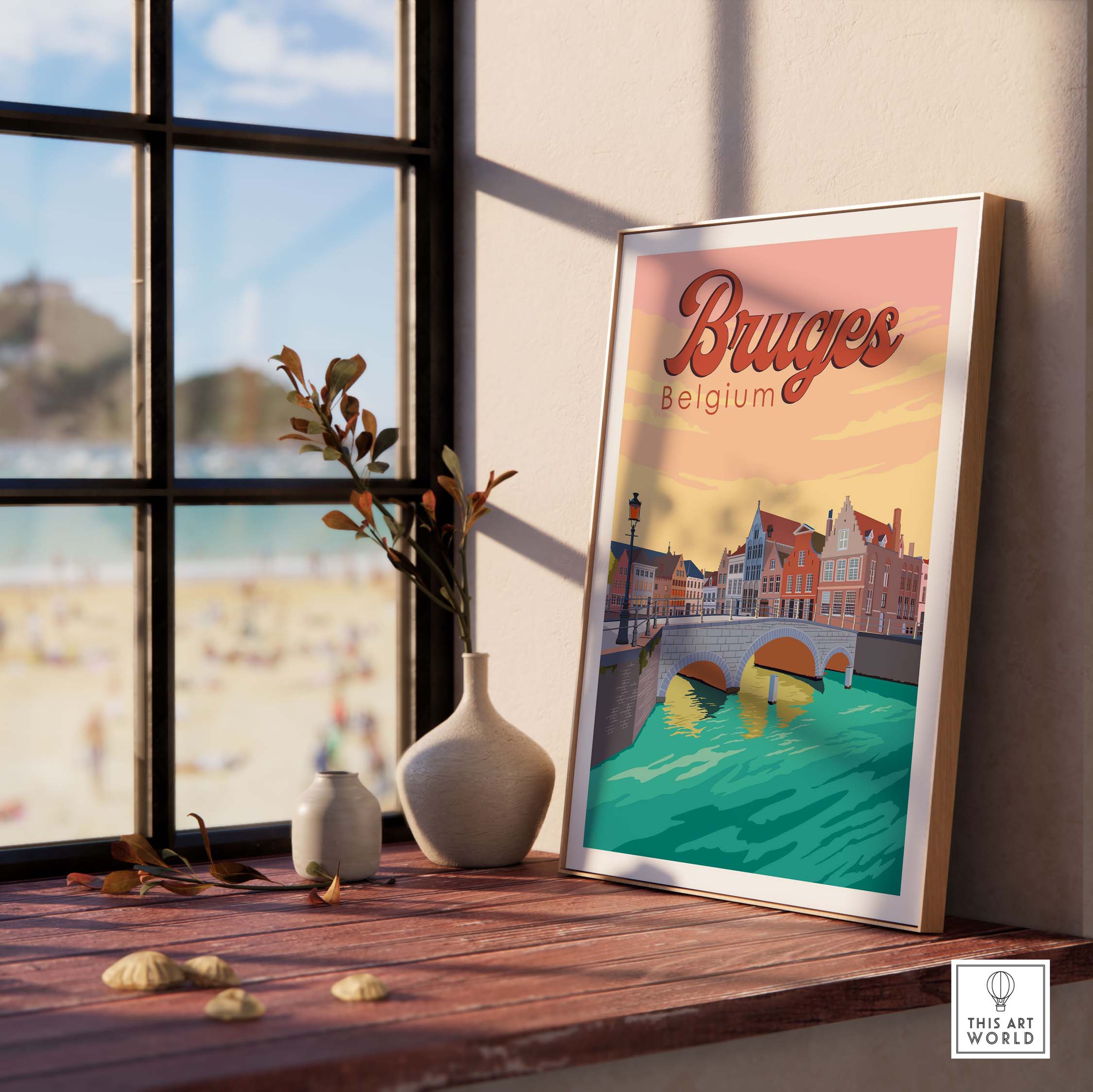 Vintage Bruges print poster wall art featuring Augustijnenbrug, perfect for home decor.