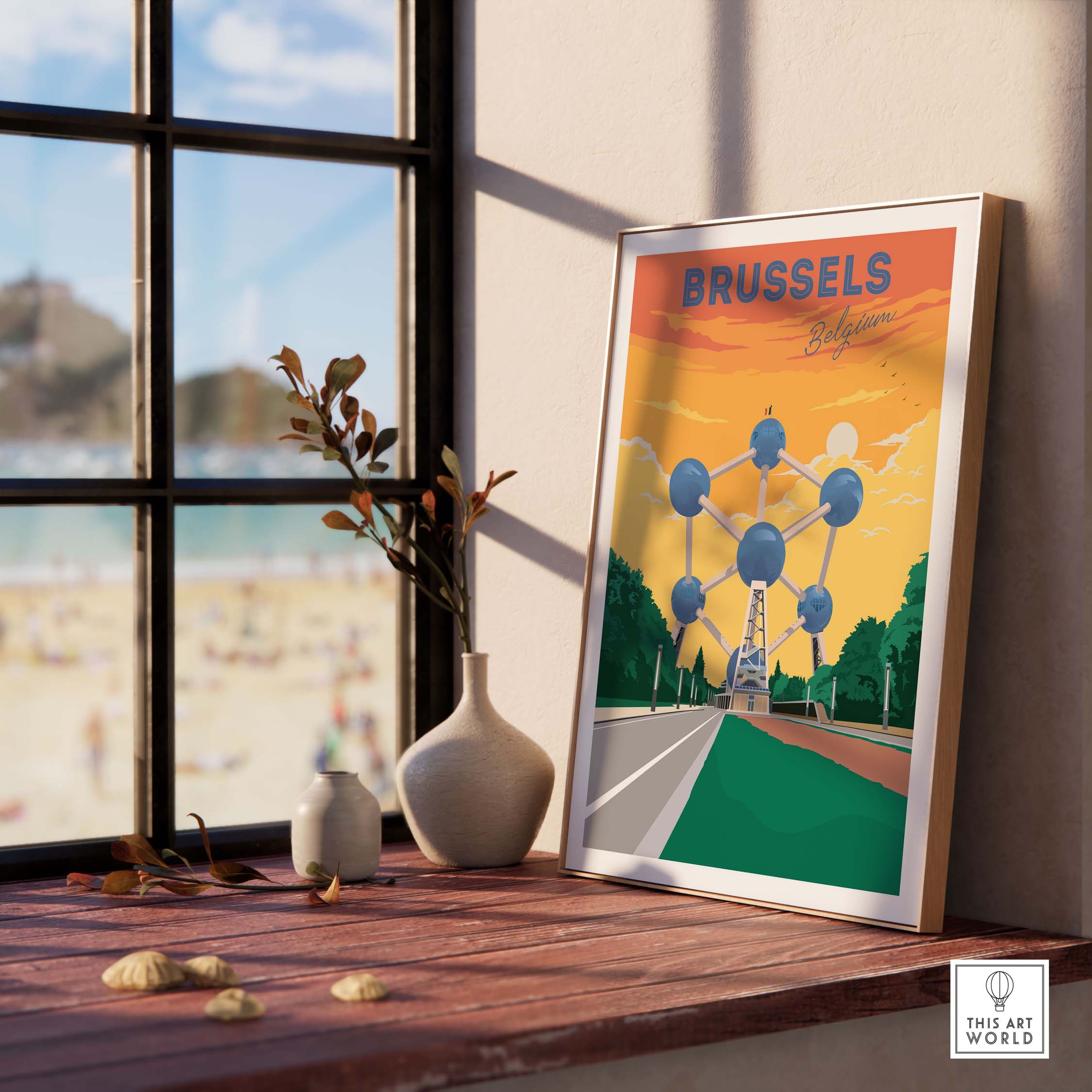 Brussels Belgium travel poster framed on a windowsill, showcasing vibrant colors and iconic architecture.