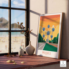 Brussels Poster Belgium Travel Print displayed on a sunny windowsill, showcasing a vibrant design inspired by vintage travel art.