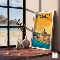 Budapest vintage travel poster wall art displayed in a stylish interior setting, with natural light and decorative elements.