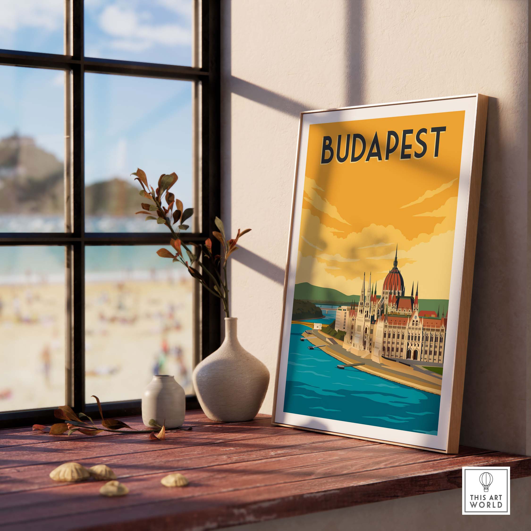 Budapest vintage travel poster wall art displayed in a stylish interior setting, with natural light and decorative elements.