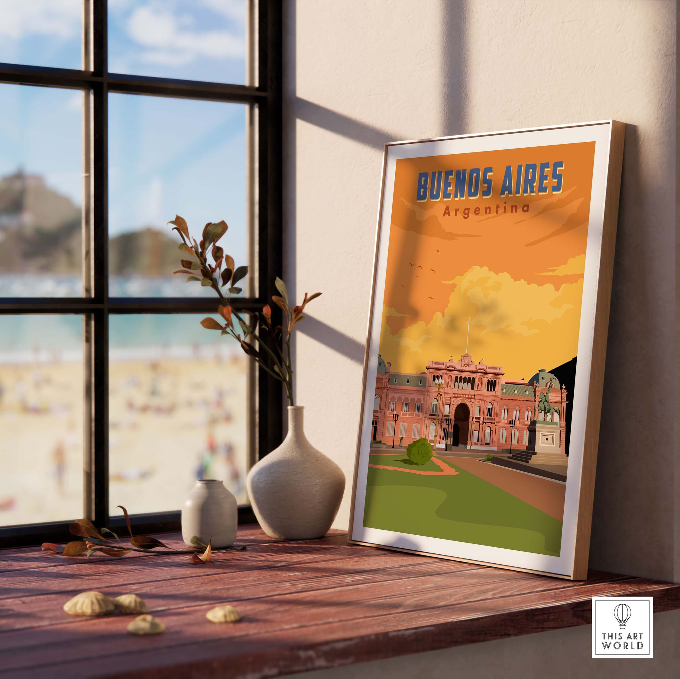 Buenos Aires Print depicting a vintage travel poster in a stylish interior setting, perfect for home decor.
