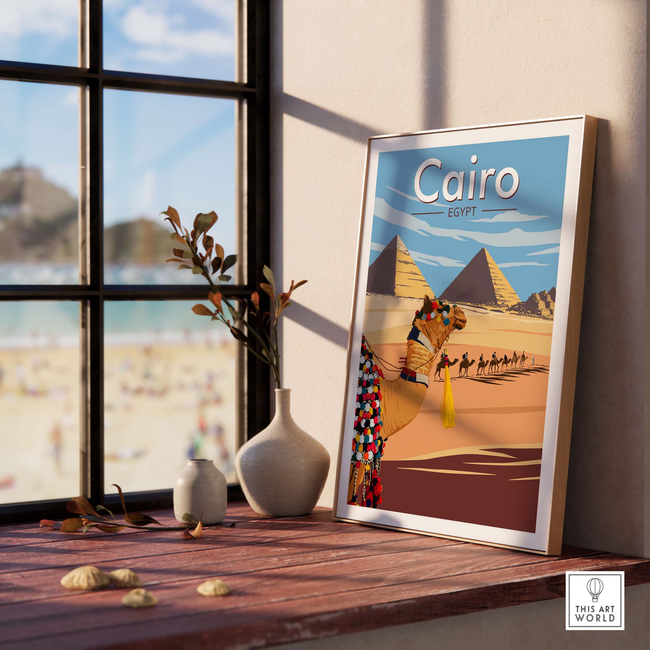 Cairo Wall Art Print featuring pyramids and camels, minimalist vintage travel style inspiring wanderlust.