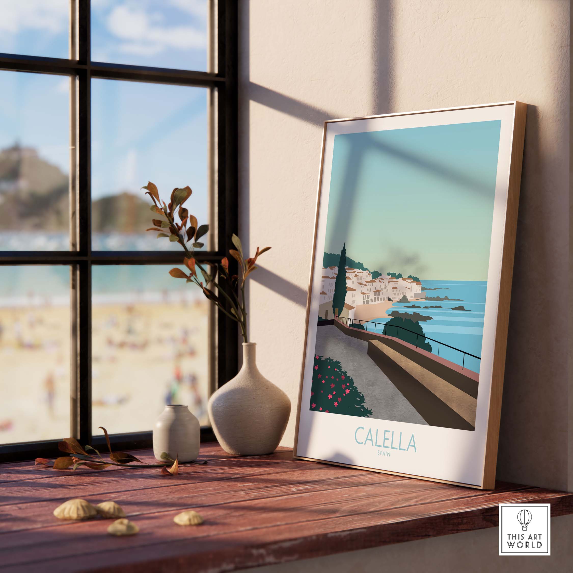 Costa Brava Calella Spain poster framed by a window, showcasing scenic coastal view and beach vibes.