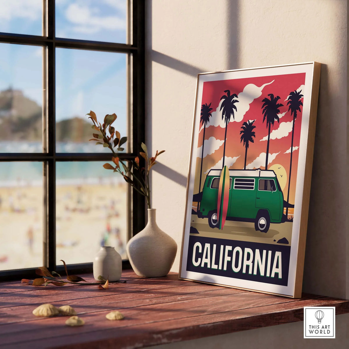 California wall art print featuring a vintage surf van with palm trees, inspired by nostalgic travel posters.