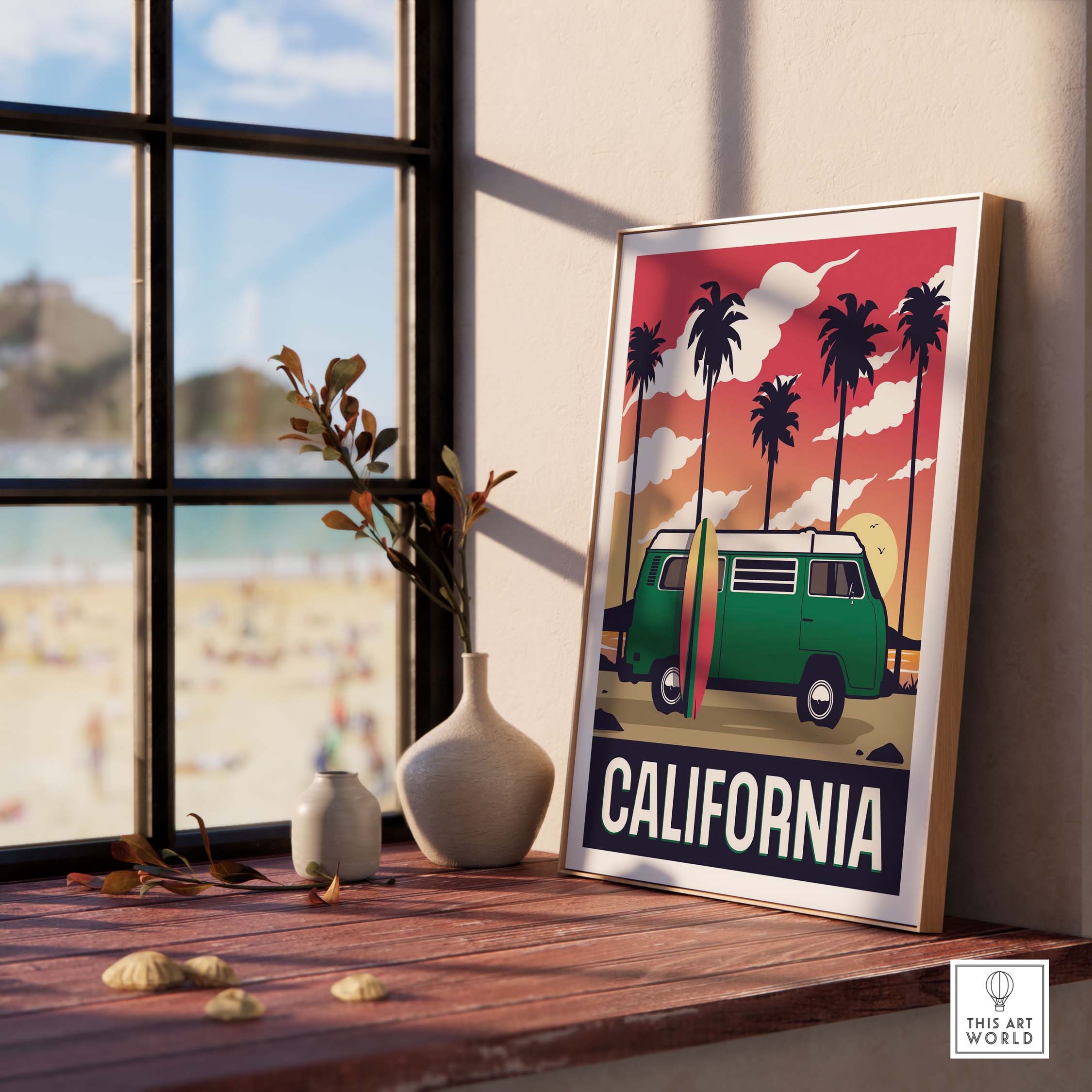 California wall art print featuring a vintage surf van with palm trees, inspired by nostalgic travel posters.